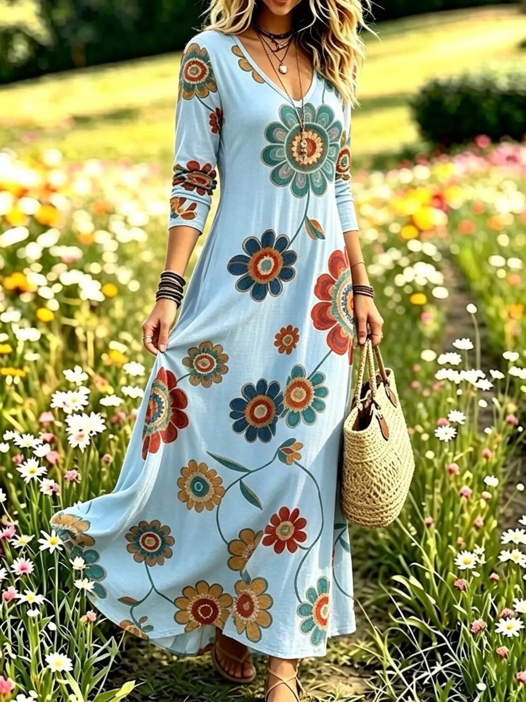 Sky blue maxi dress worn on a model, showing the V-neck