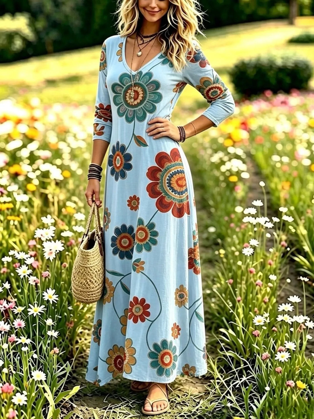 Sky blue maxi dress worn on a model, showing the long sleeves