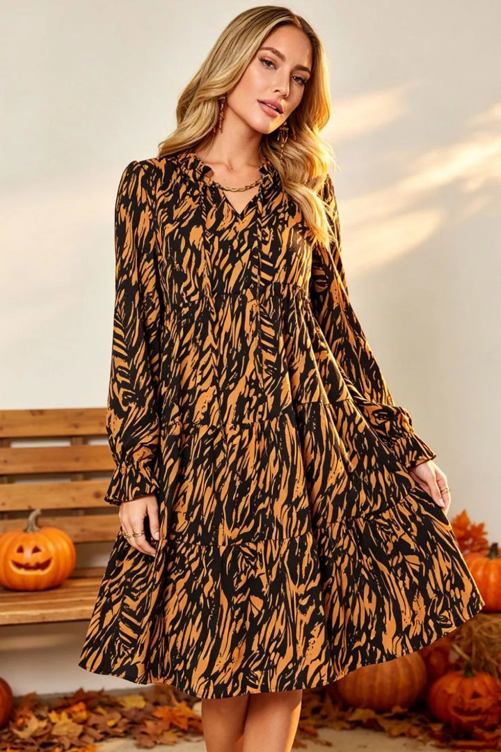 Women's mini dress in caramel, printed long sleeve tiered ruffle mini