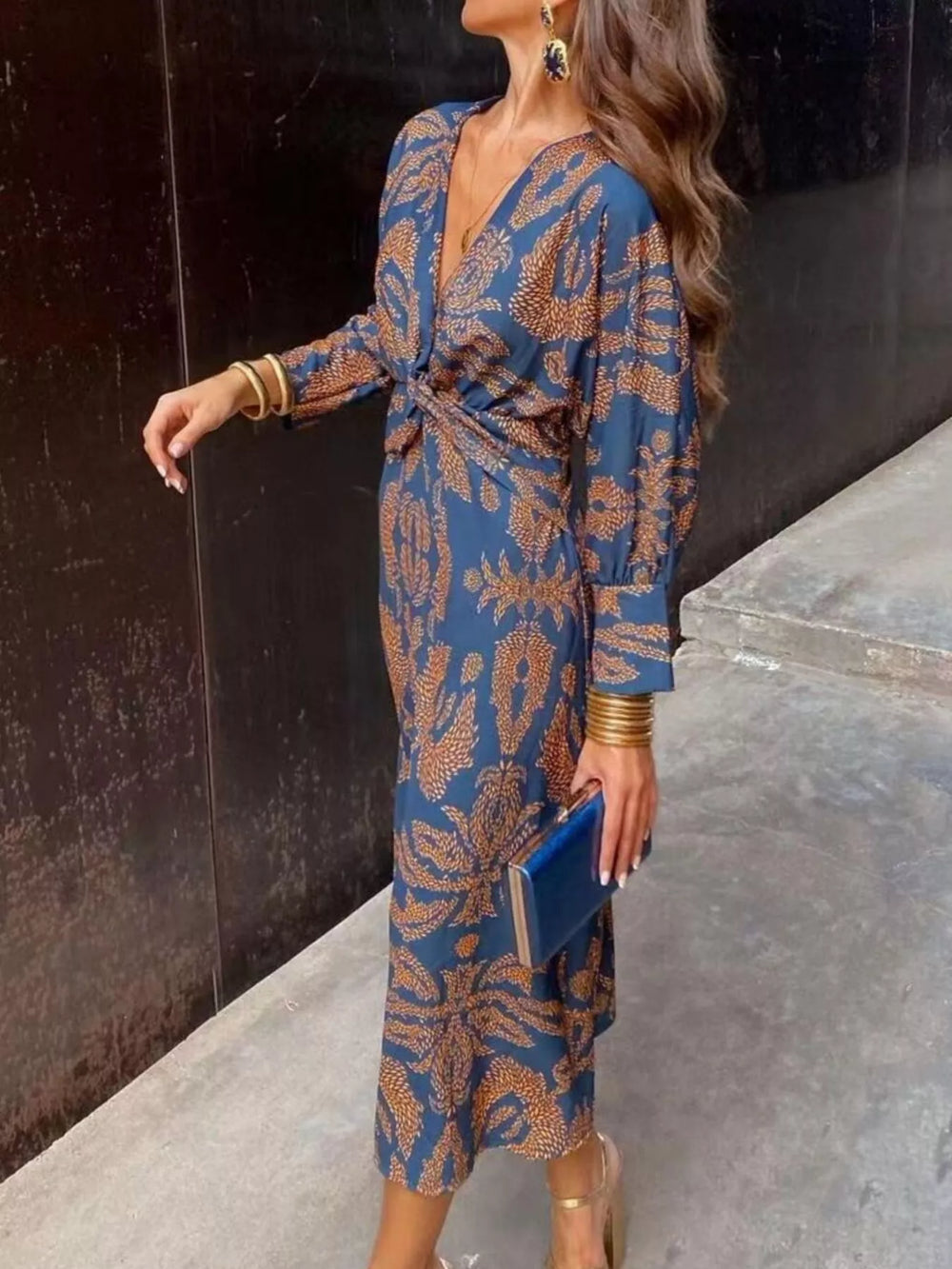 Dark blue midi dress front view with all-over print