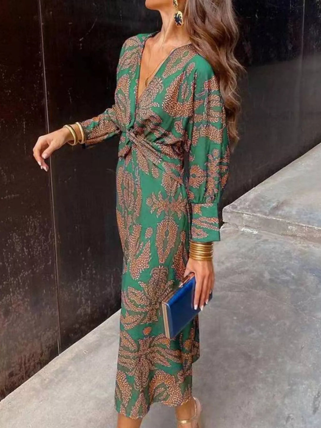 Dark green midi dress front view with all-over print