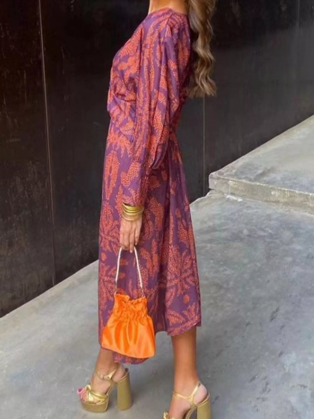 Purple midi dress front view with all-over print