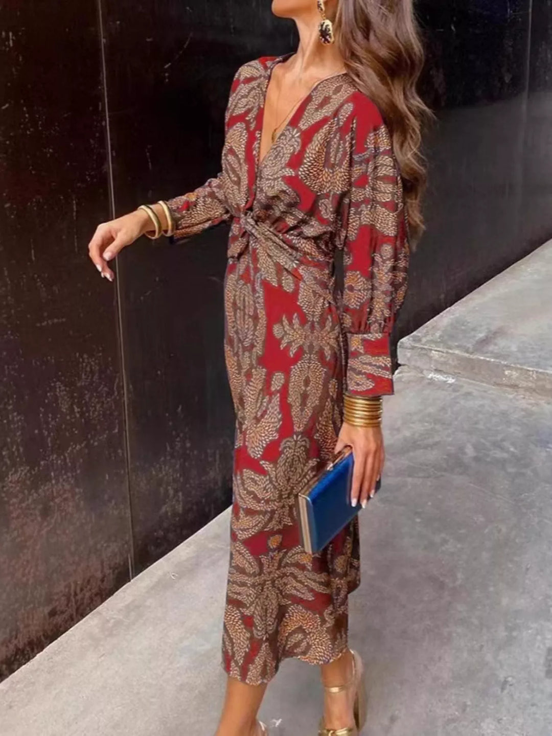 Women's midi dress in wine red, printed v-neck long sleeve twist midi