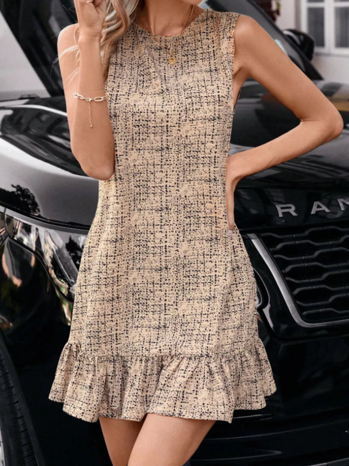 Women's mini dress in tan, sleeveless ruffle hem textured mini