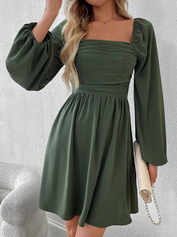 Army green mini dress front view with square neckline