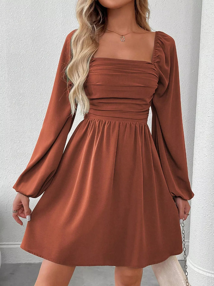 Caramel color mini dress front view with square neckline