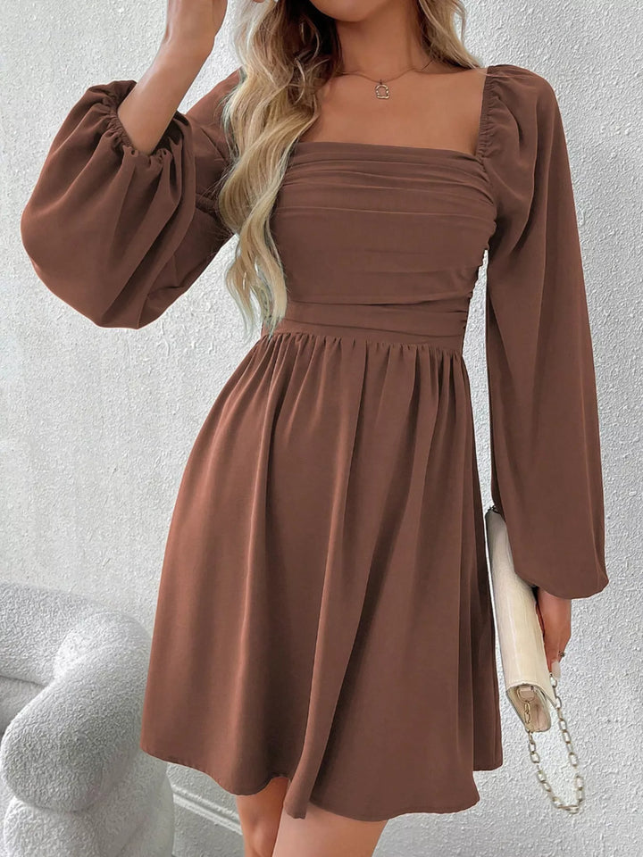 Dark brown mini dress front view with square neckline