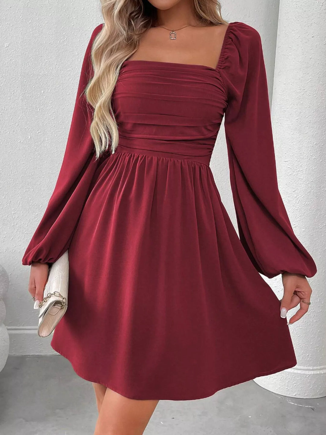 Wine red mini dress front view with square neckline