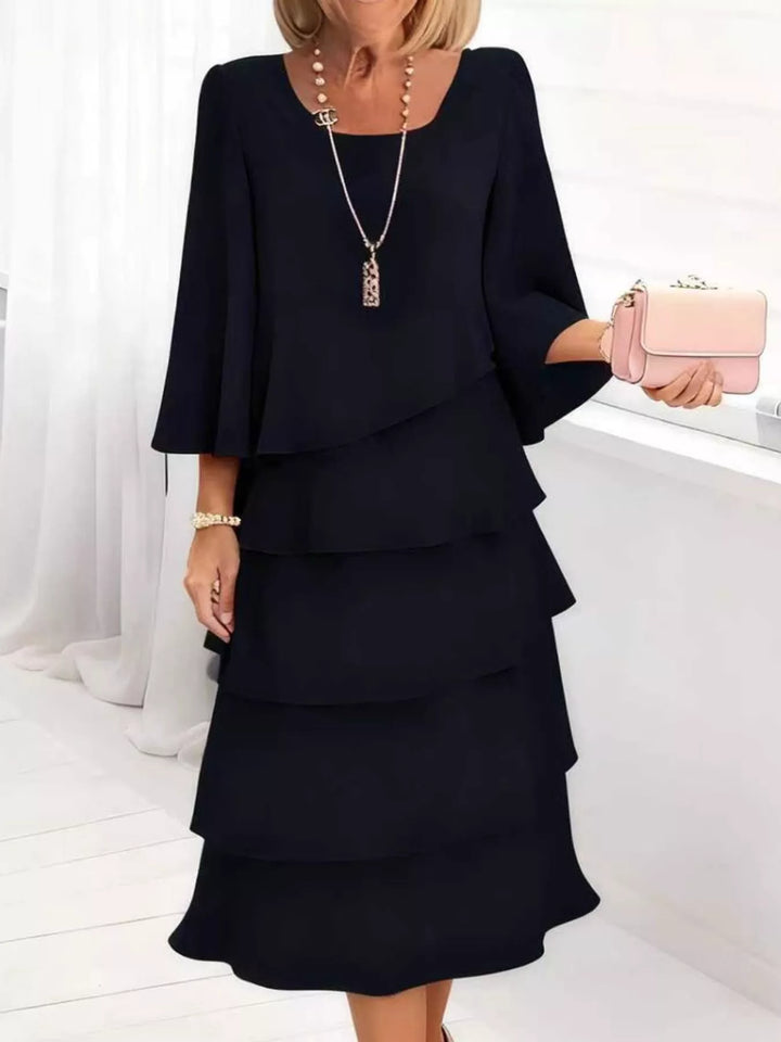 Tiered ruffle layered bell sleeve plus size in black, front view
