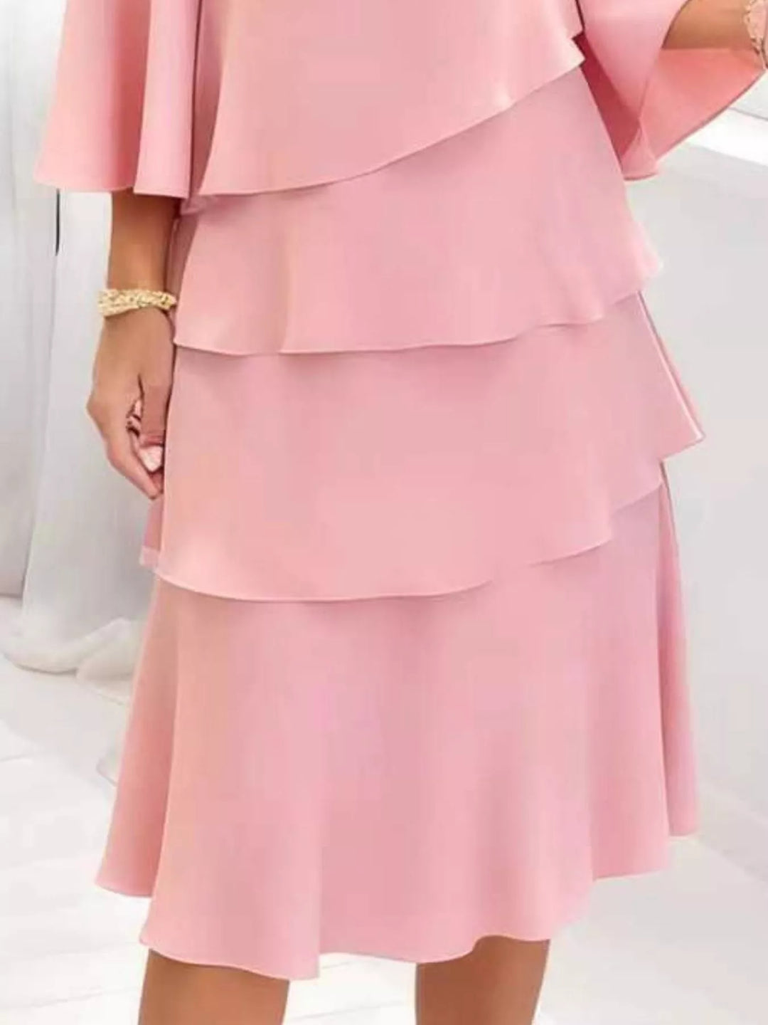 Tiered ruffle layered bell sleeve plus size in blush pink, close-up detail
