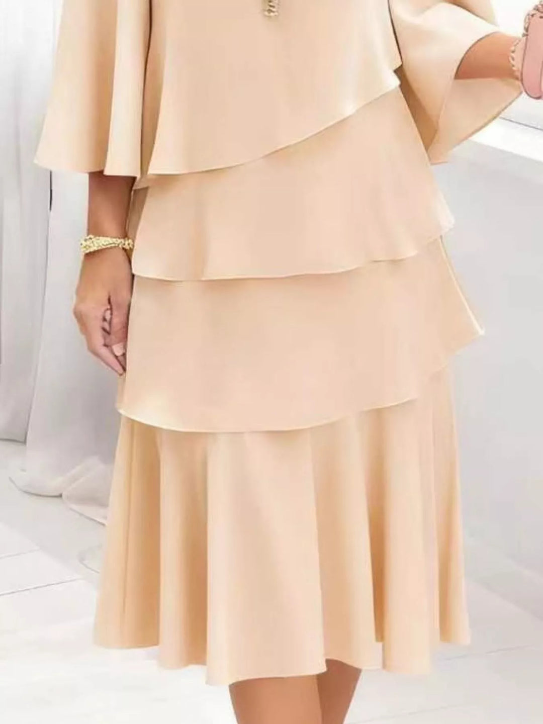 Tiered ruffle layered bell sleeve plus size in tan, close-up detail