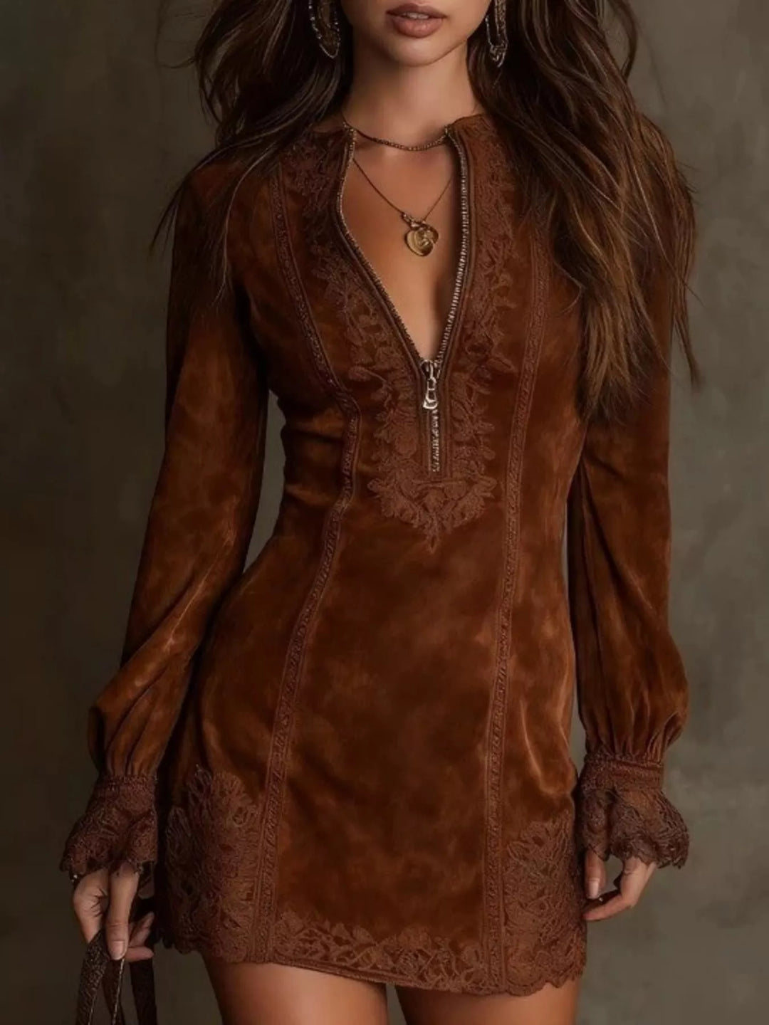 Dark brown shirt dress front view with zip front