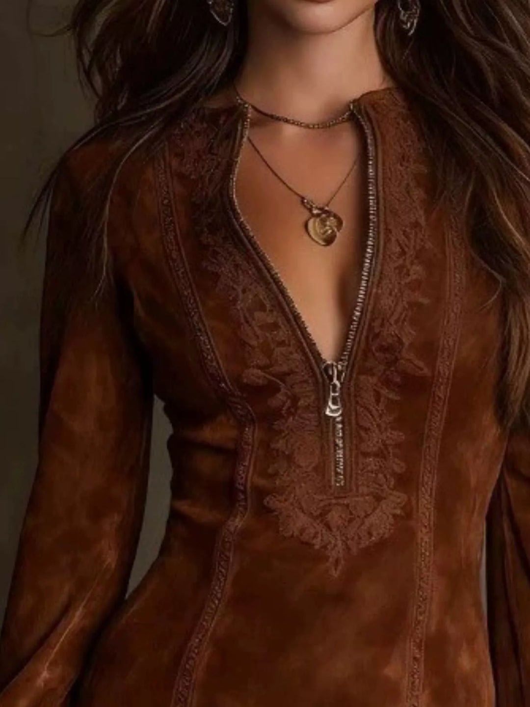 Dark brown shirt dress worn on a model, showing the zip front