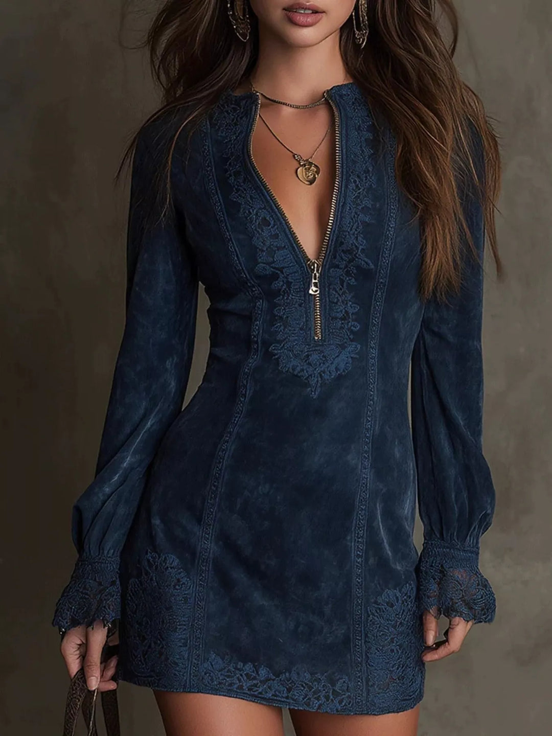 Women's shirt dress in navy blue, zip front long sleeve mini shirt dress