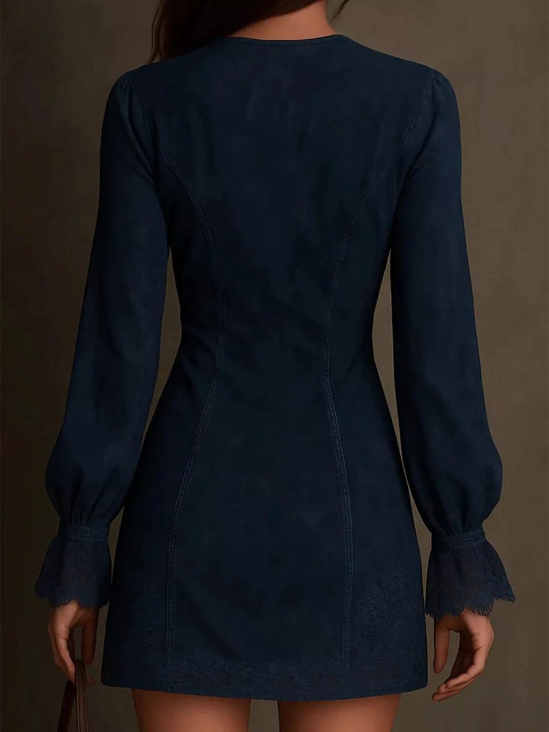 Navy blue shirt dress worn on a model, showing the long sleeves