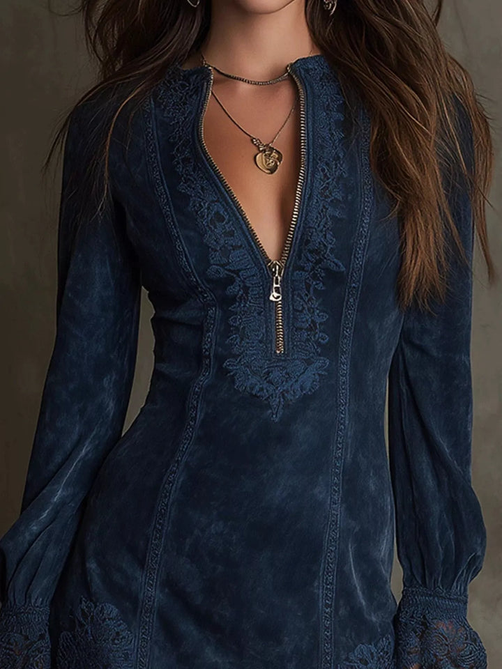 Navy blue shirt dress worn on a model, showing the zip front