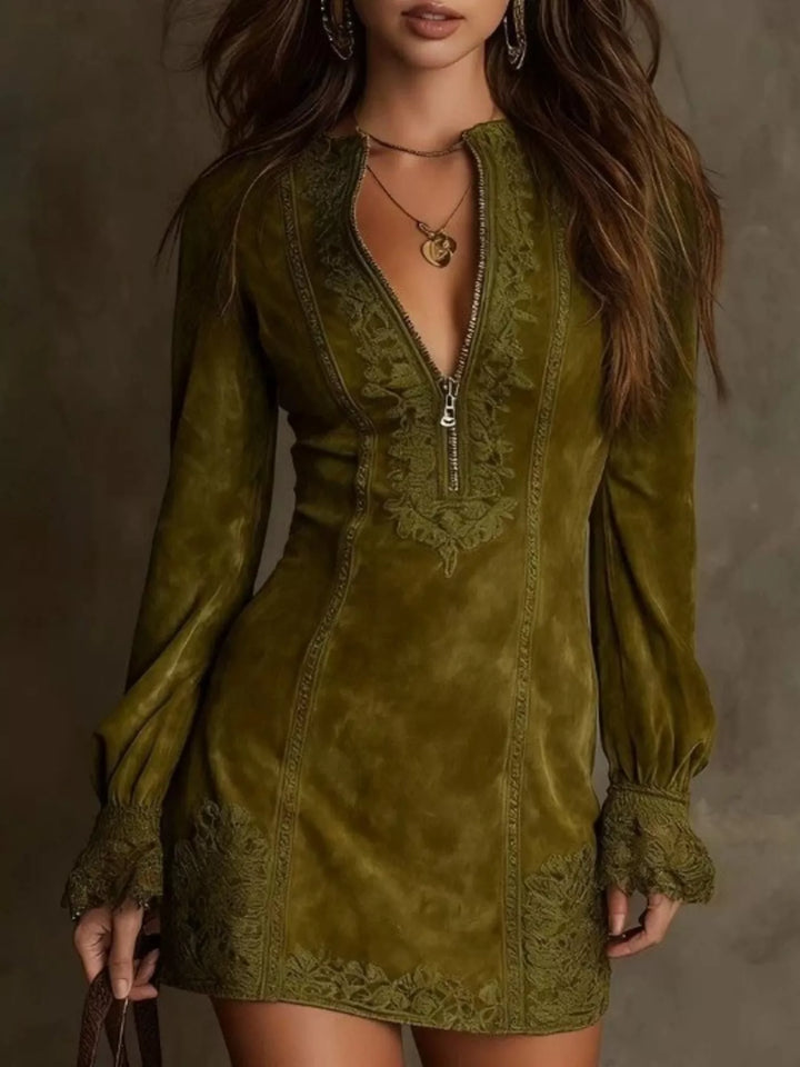 Olive green shirt dress front view with zip front