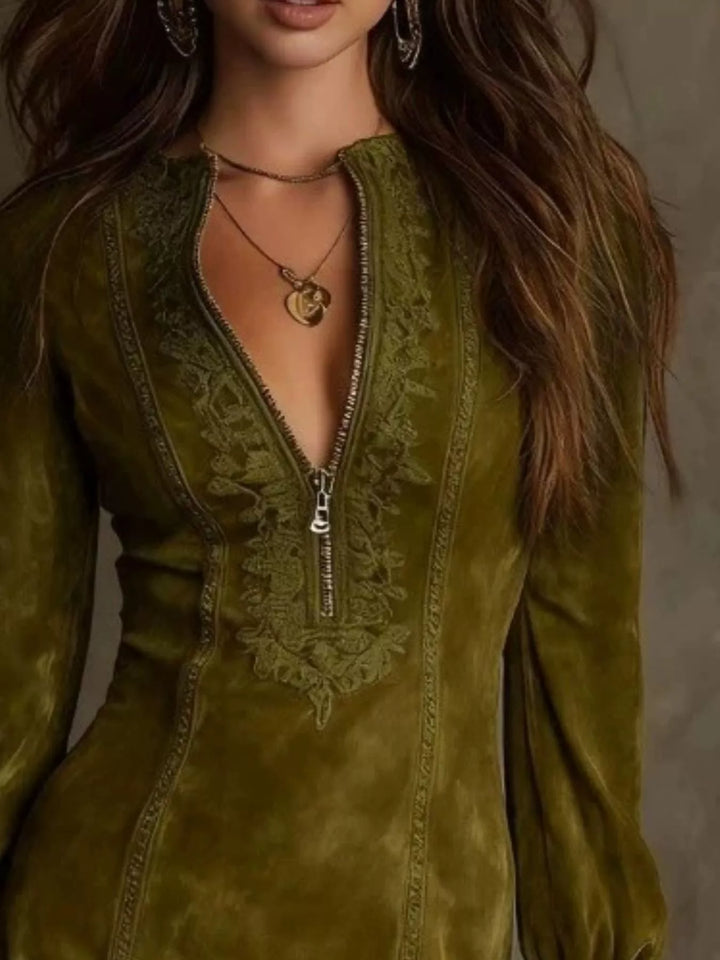Olive green shirt dress worn on a model, showing the zip front