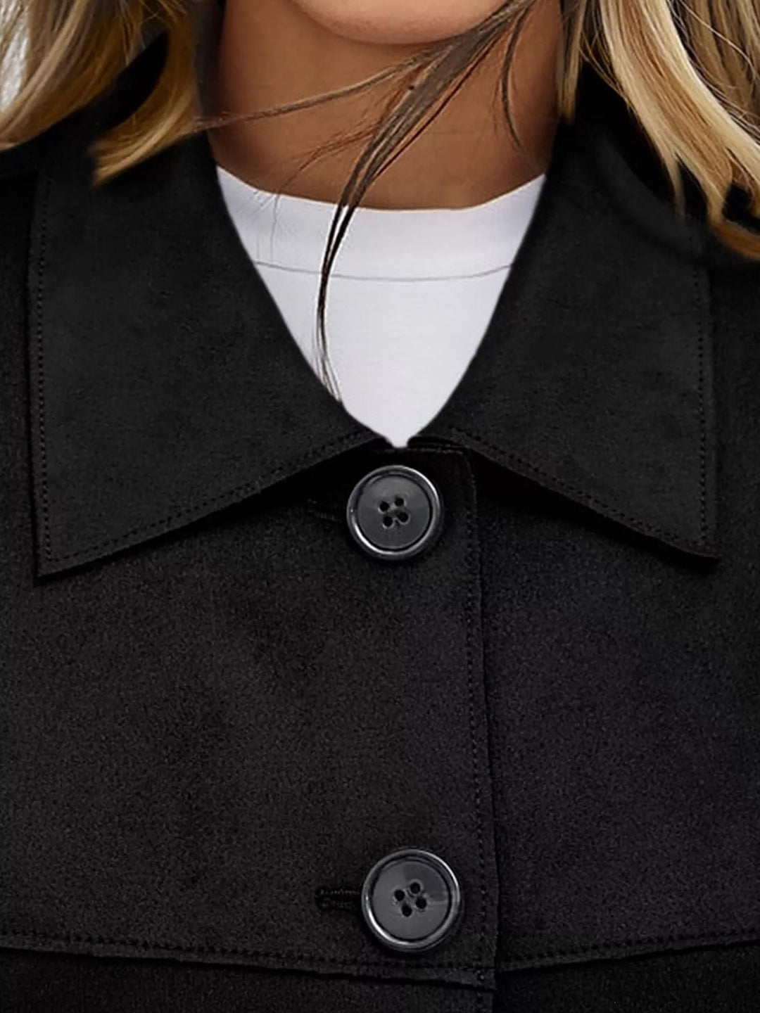 Close-up of the black jacket collar and buttons