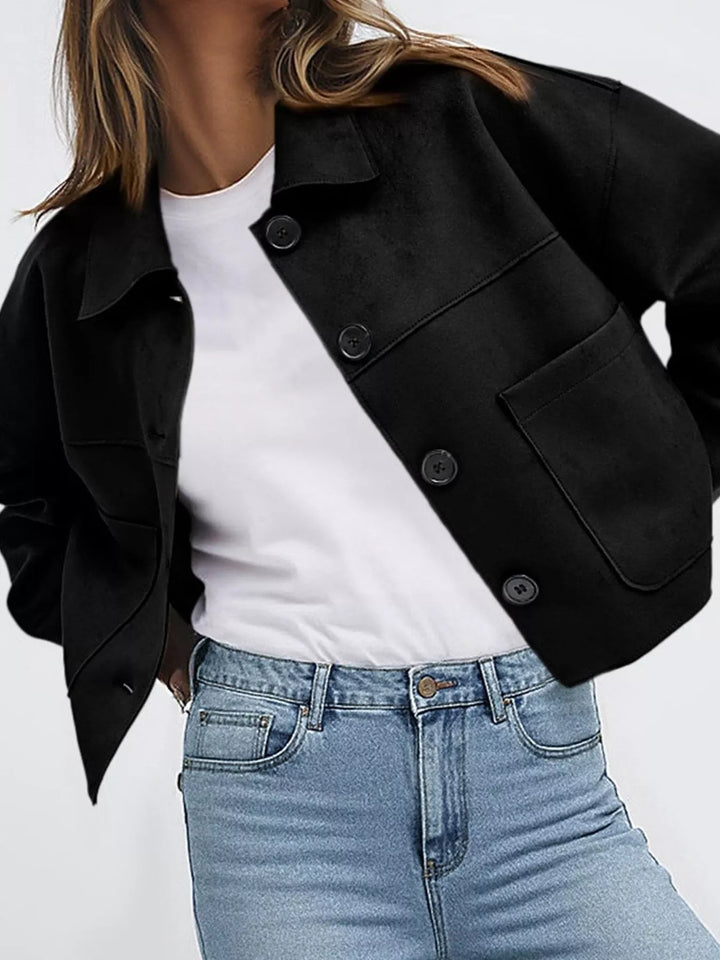 Black cropped fall jacket with button front and chest pockets