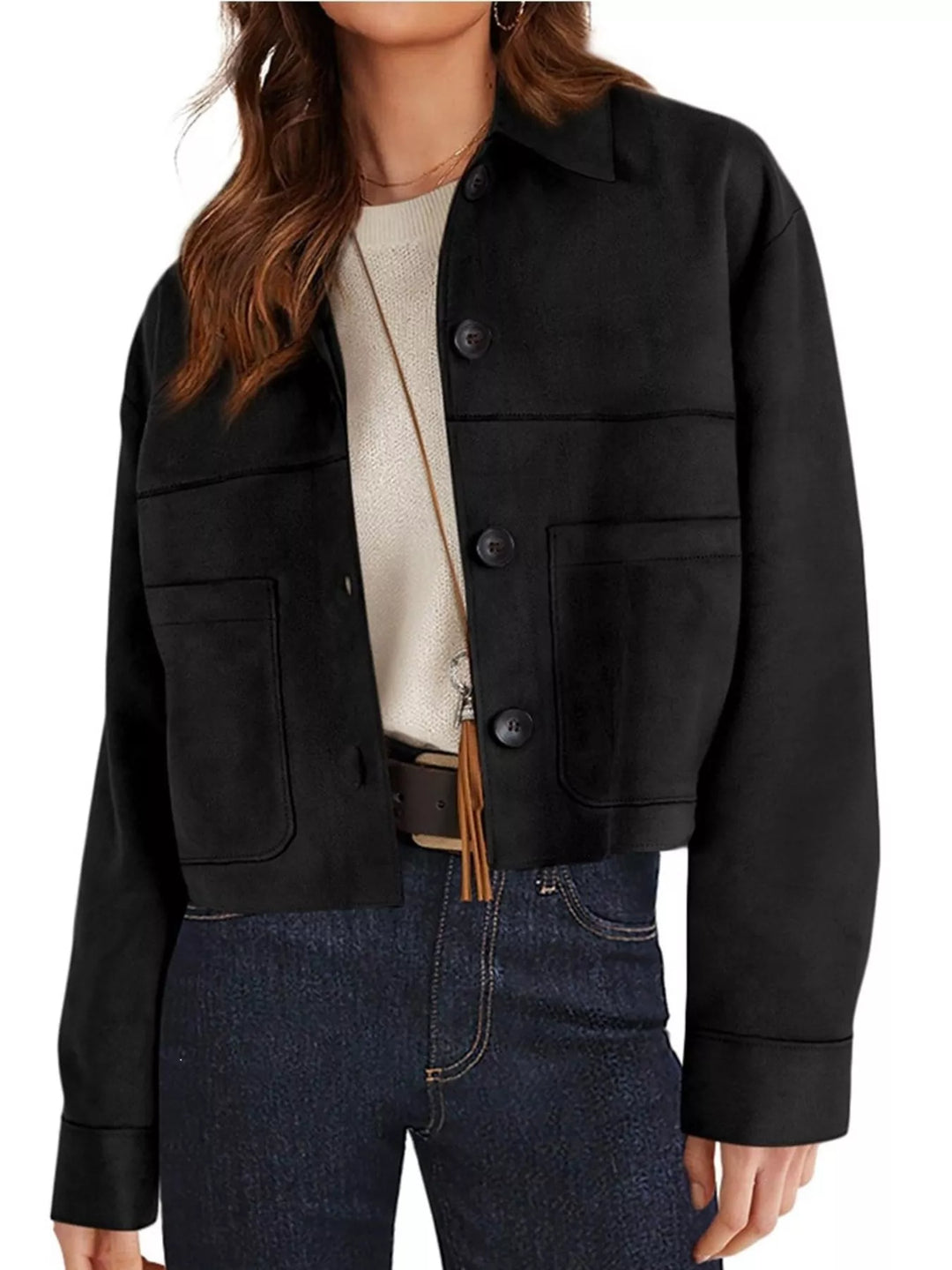 Black fall jacket with chest pockets, angled three quarter view