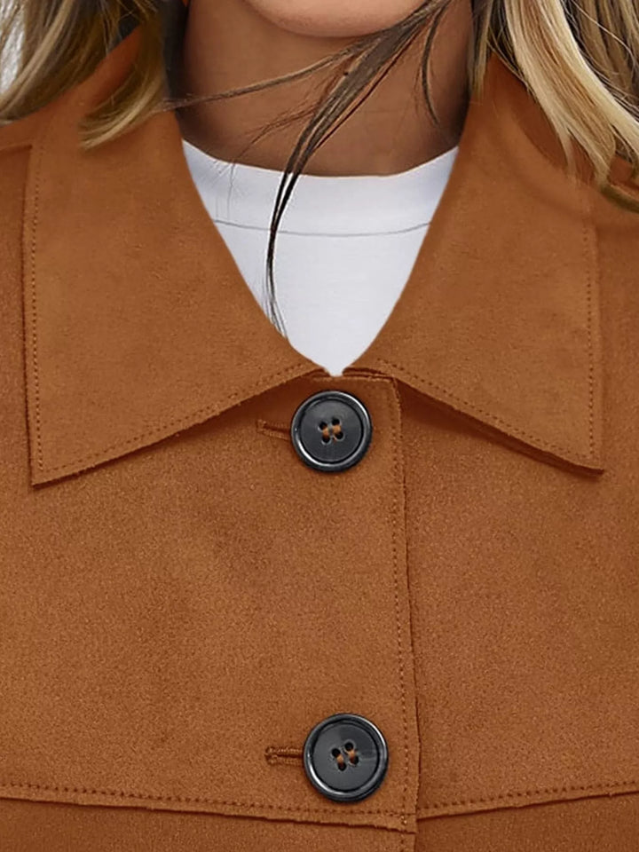 Close-up of the caramel jacket collar and dark buttons