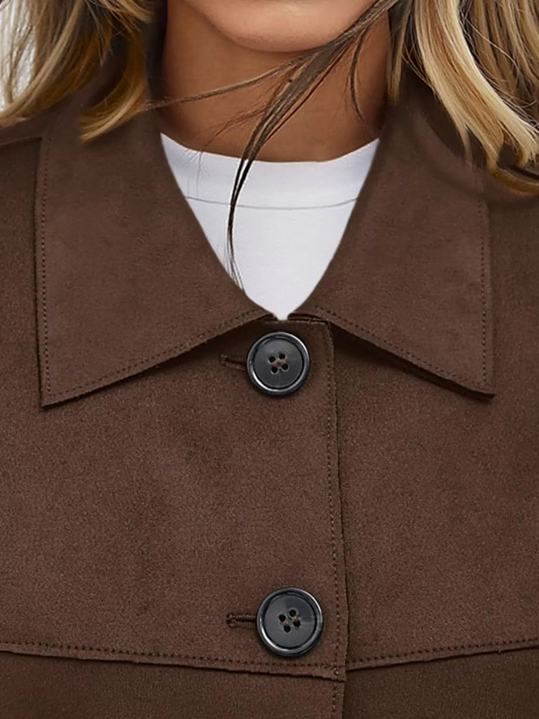 Close-up of the coffee brown jacket collar and buttons