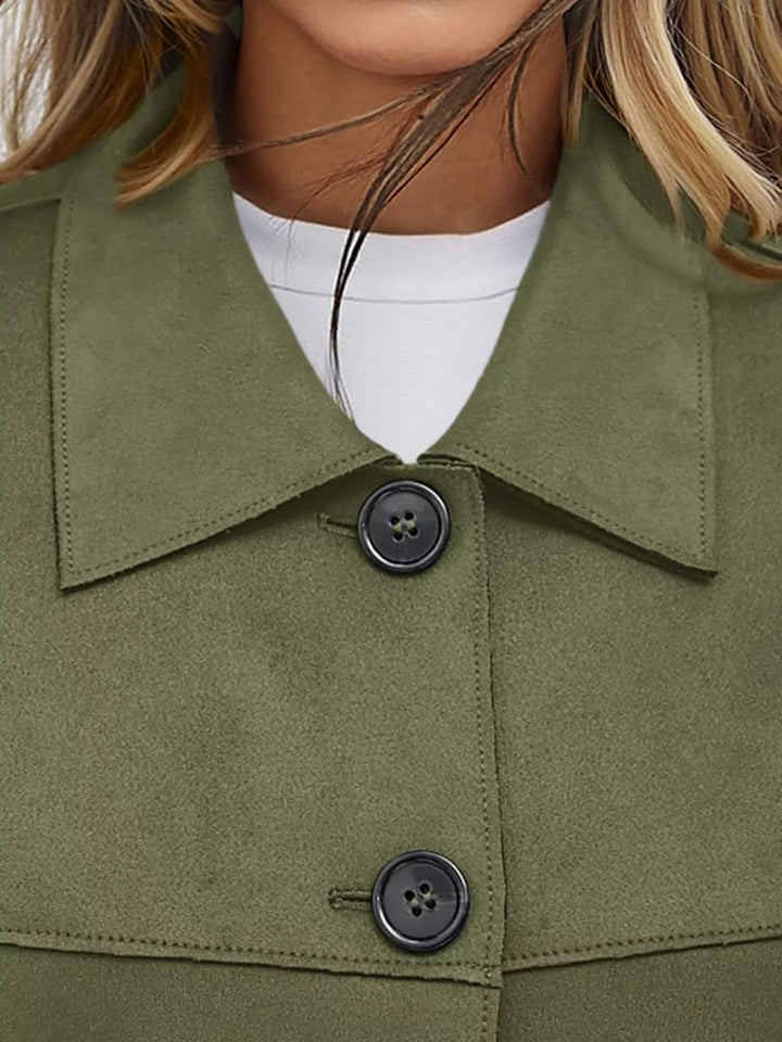 Close-up of the olive jacket collar and dark button
