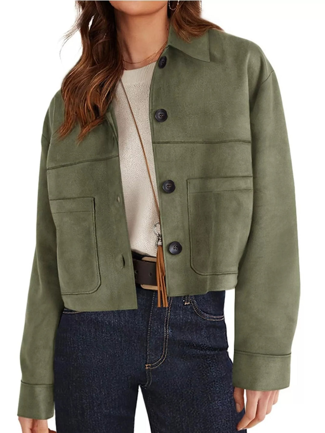 Olive cropped button front jacket, angled view with a bag strap