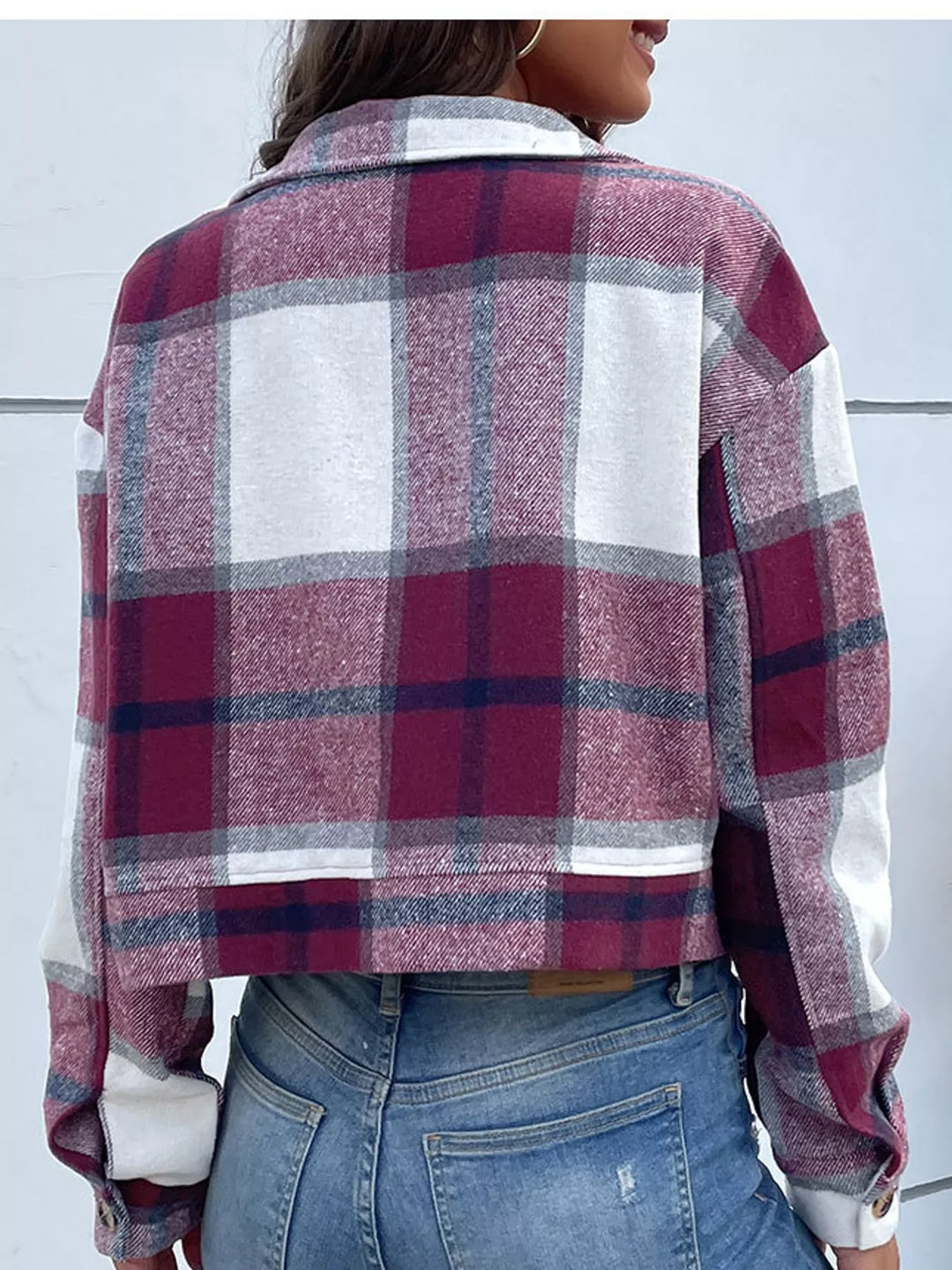 Cropped plaid shirt collar button front in burgundy, back view