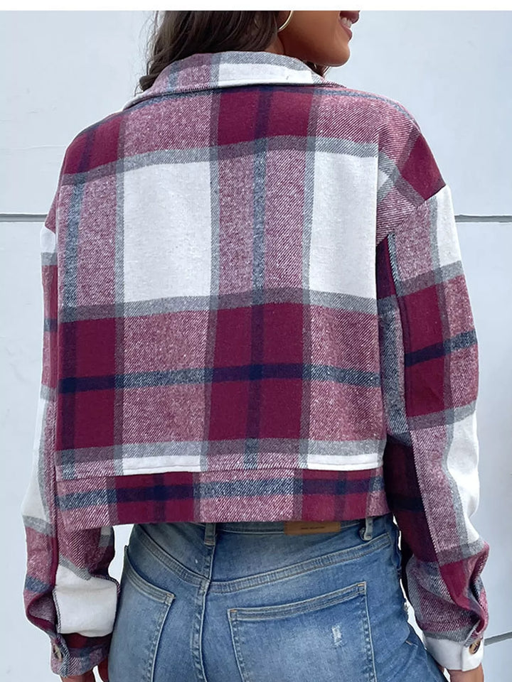 Cropped plaid shirt collar button front in burgundy, back view