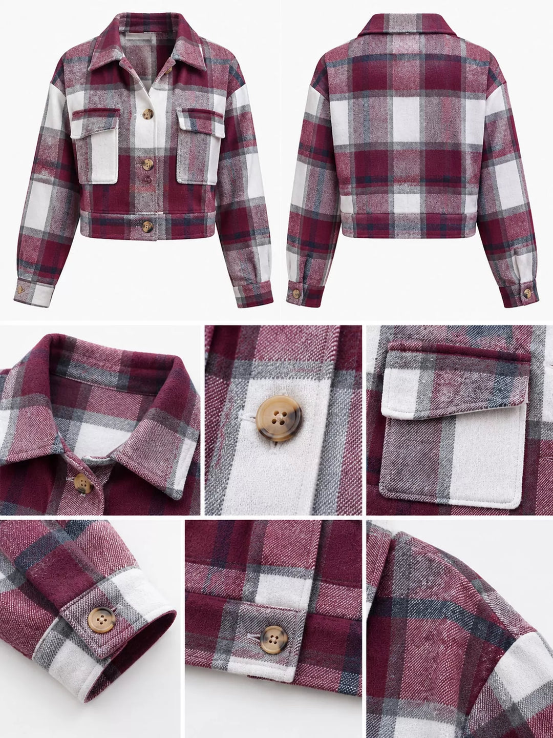 Cropped plaid shirt collar button front in burgundy, close-up detail