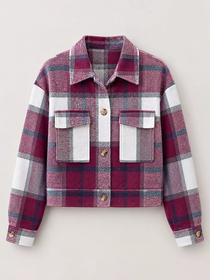 Cropped plaid shirt collar button front in burgundy, flat lay