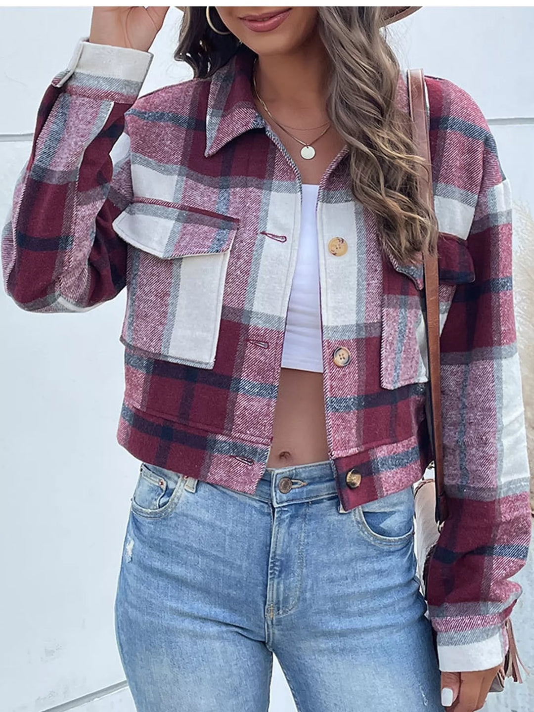 Cropped plaid shirt collar button front in burgundy, styled on model