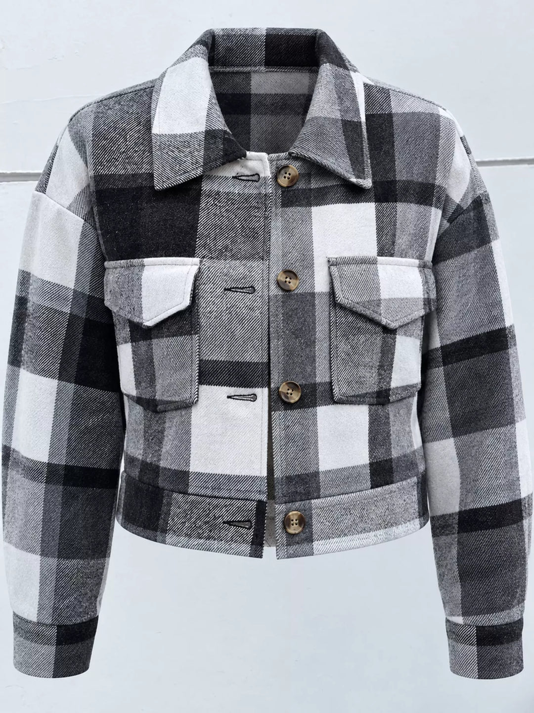 Cropped plaid shirt collar button front in gray, flat lay 2