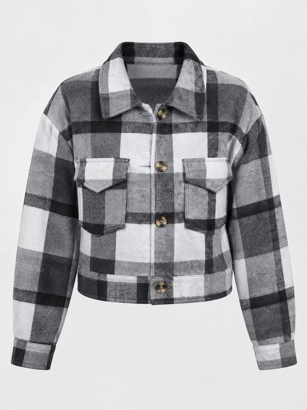 Cropped plaid shirt collar button front in gray, flat lay