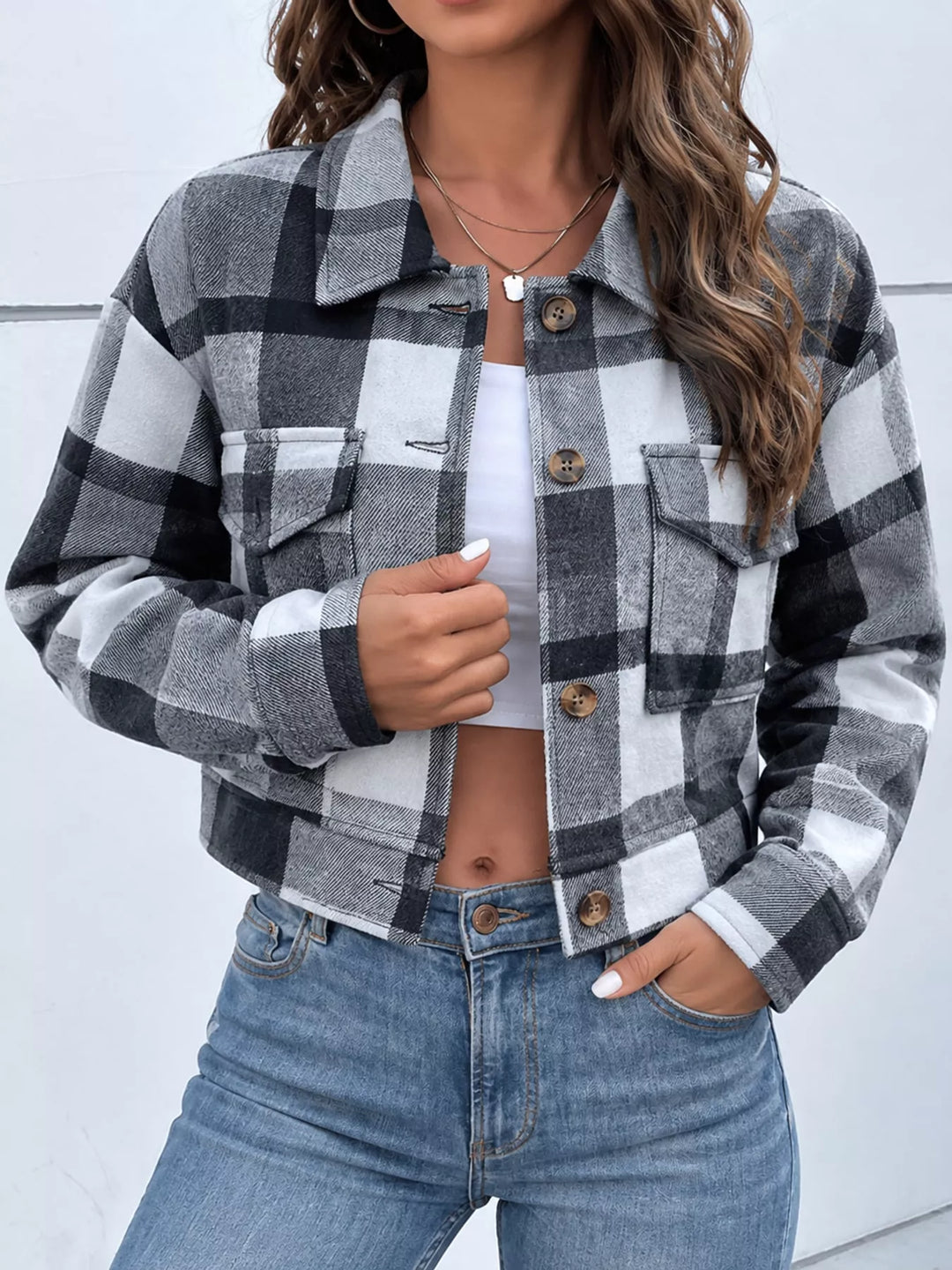 Cropped plaid shirt collar button front in gray, front view