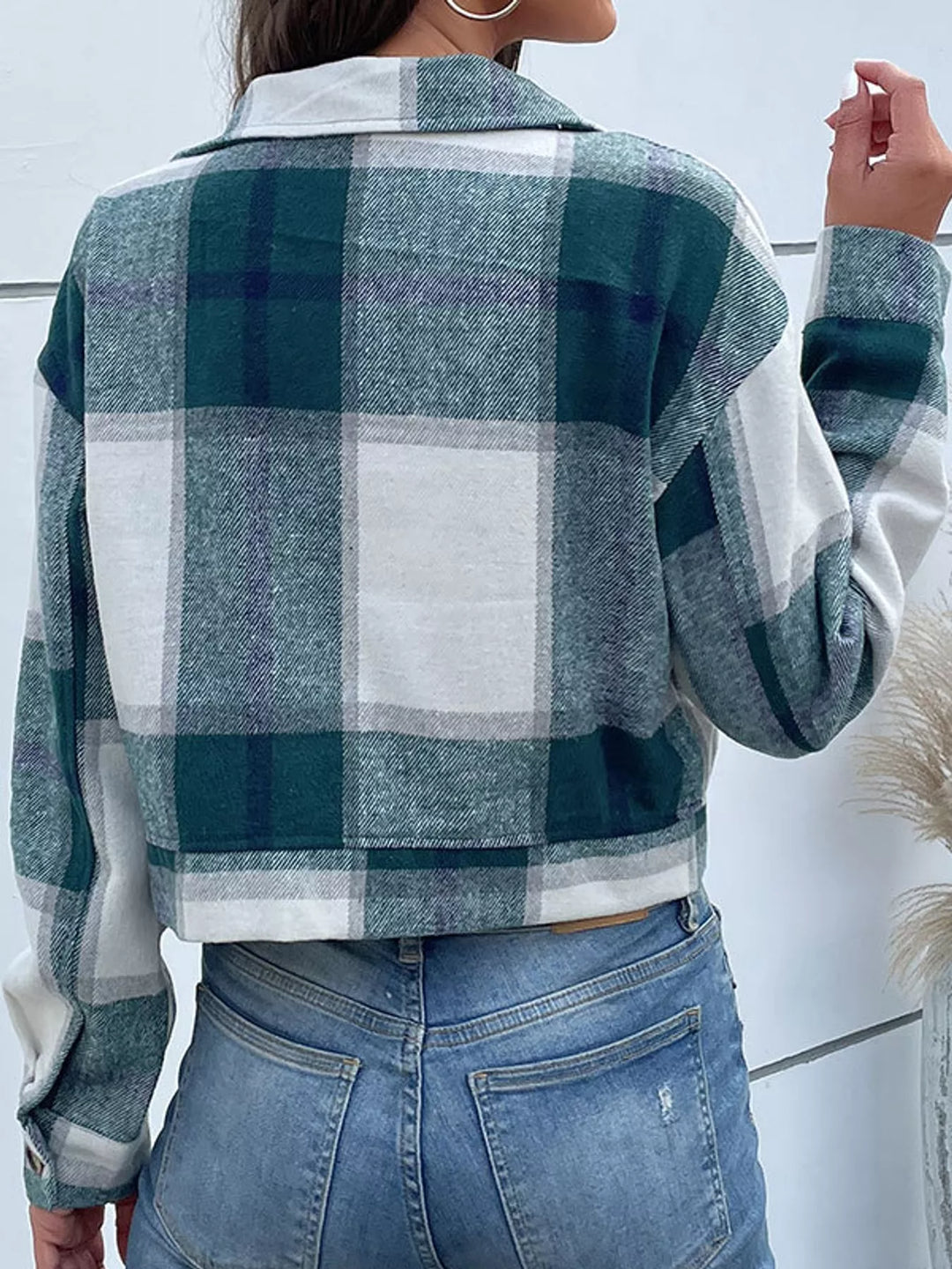 Cropped plaid shirt collar button front in green, back view