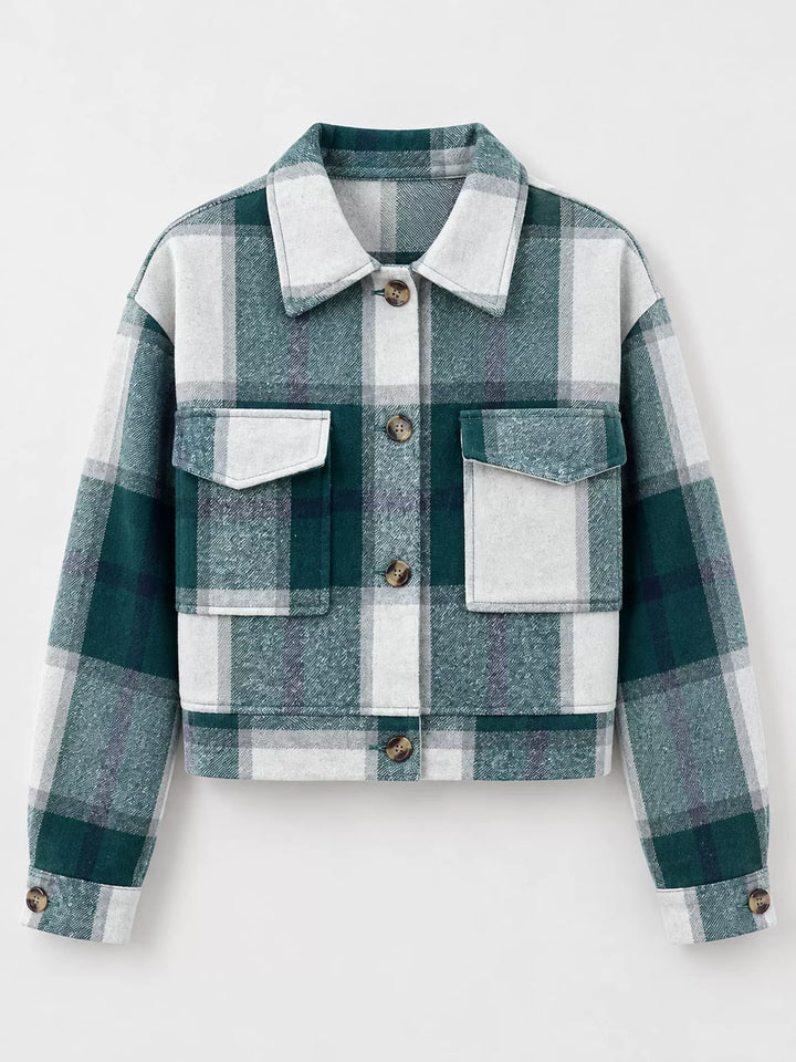 Cropped plaid shirt collar button front in green, flat lay