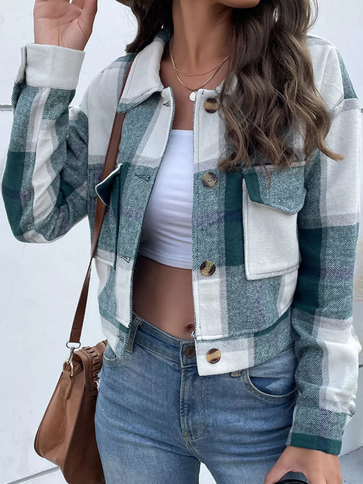 Cropped plaid shirt collar button front in green, front view 2