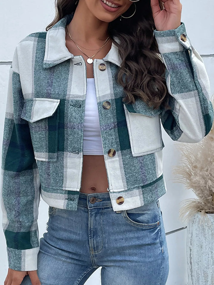Cropped plaid shirt collar button front in green, front view
