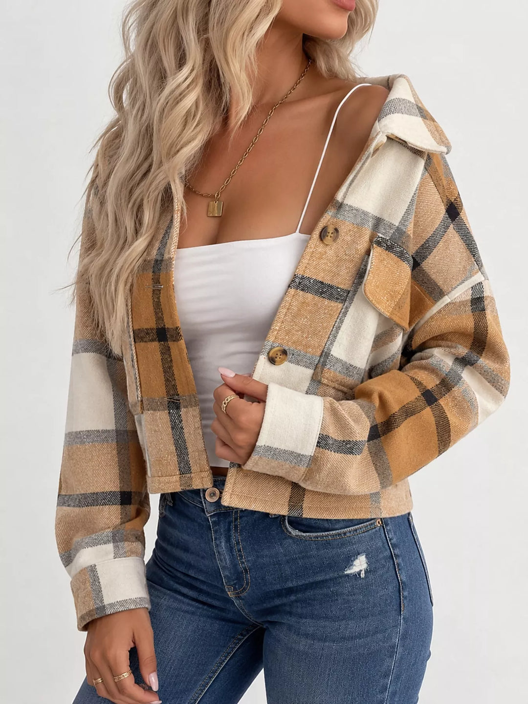 Cropped plaid shirt collar button front in khaki, styled on model 4