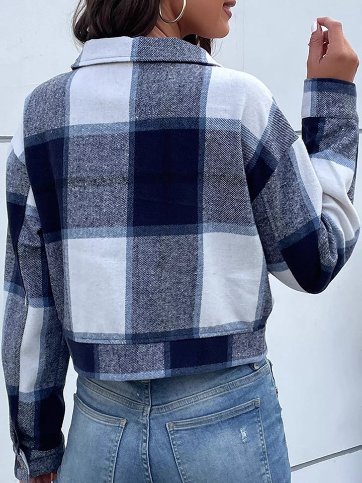 Cropped plaid shirt collar button front in navy, back view