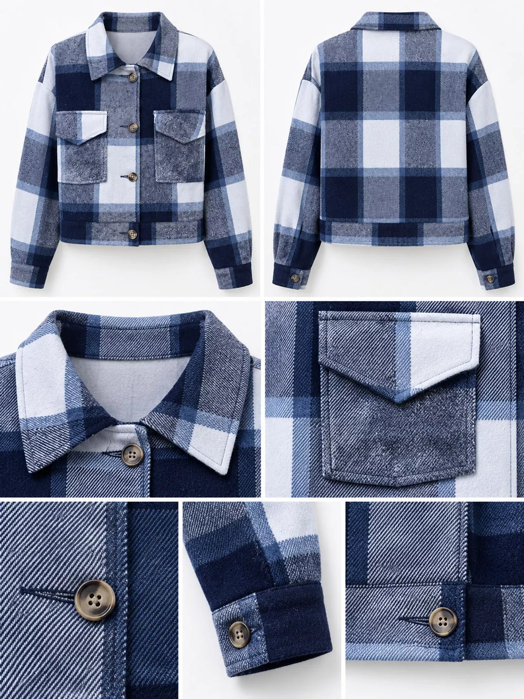 Cropped plaid shirt collar button front in navy, close-up detail