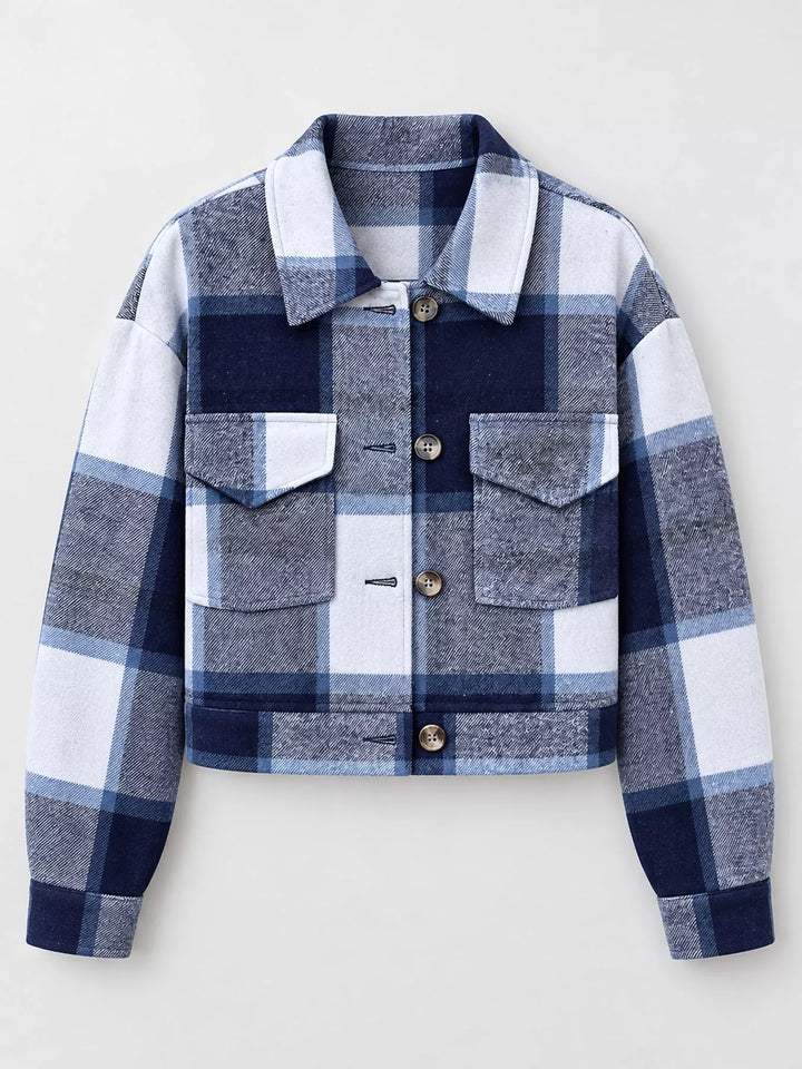 Cropped plaid shirt collar button front in navy, flat lay