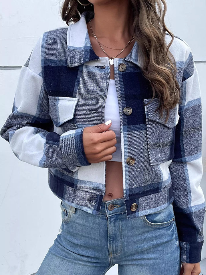 Women's fall jacket in navy, cropped plaid shirt collar button front