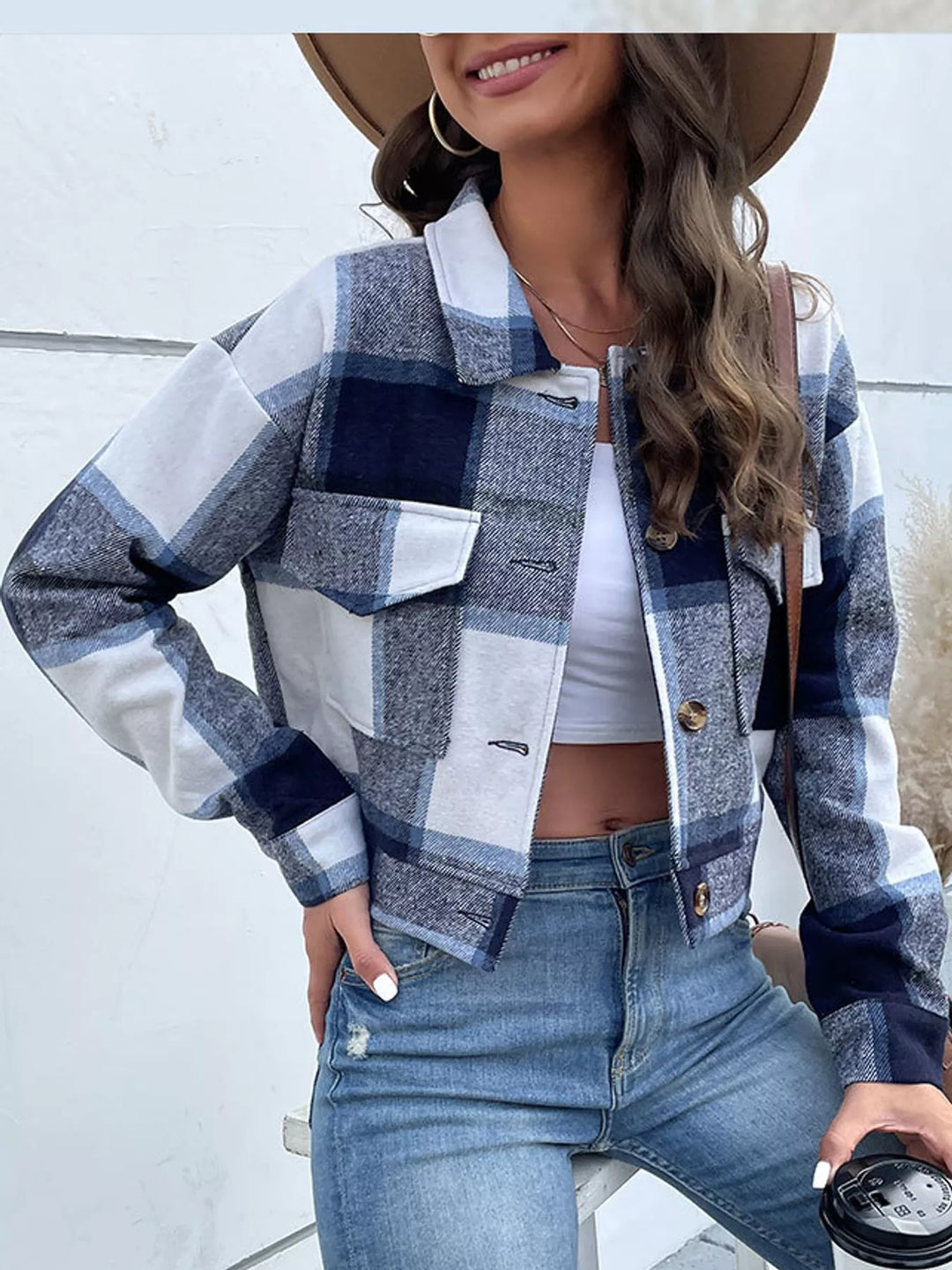 Cropped plaid shirt collar button front in navy, styled on model 2