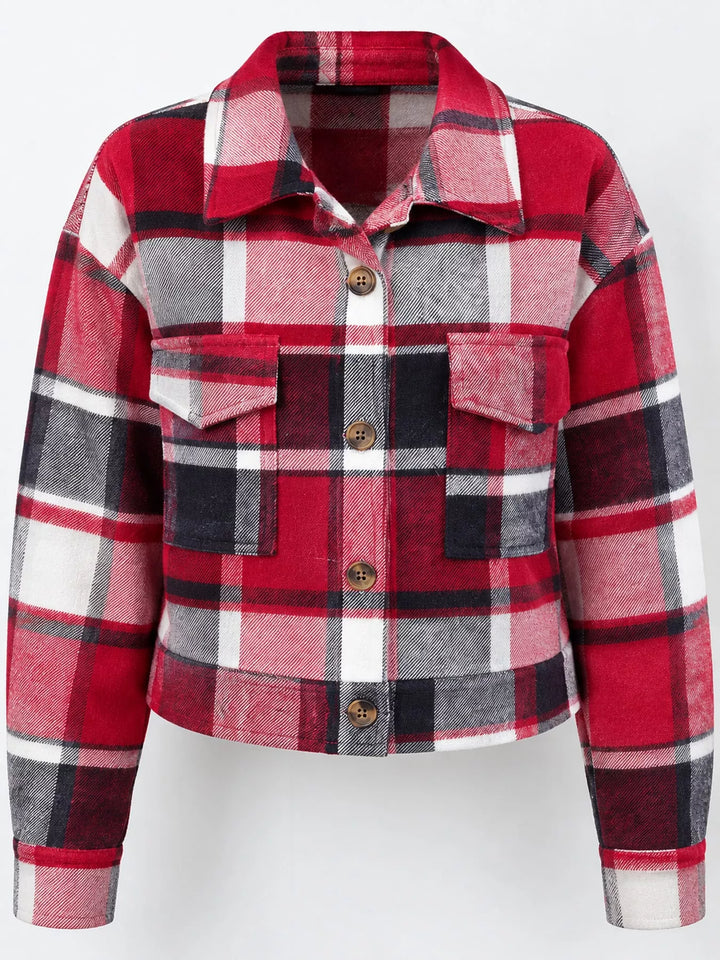 Cropped plaid shirt collar button front in red, flat lay 2