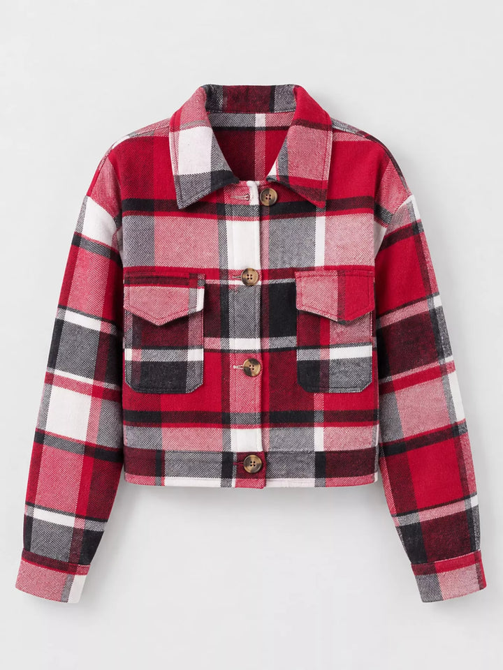 Cropped plaid shirt collar button front in red, flat lay
