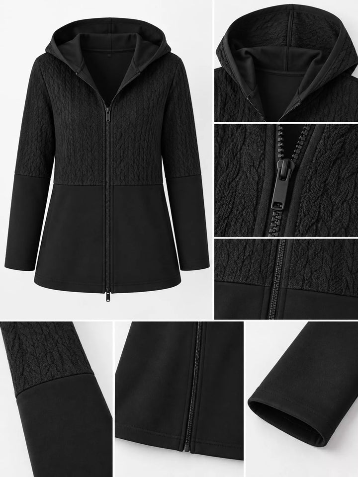 Hooded zip front cable knit colorblock in black, close-up detail